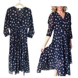 Cabi Pemberlet Navy Floral Midi Dress Size 6 Long Sleeve Sheer Flowy